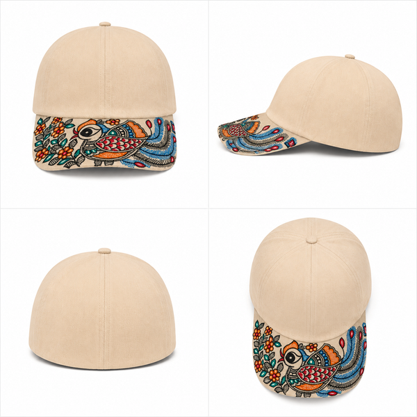 Luxury Unisex Hand-Painted Madhubani Bird Art Cap
