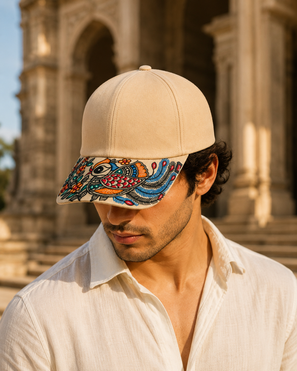 Luxury Unisex Hand-Painted Madhubani Bird Art Cap