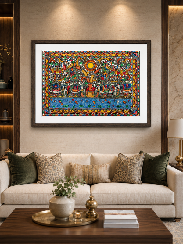 Handmade Madhubani Tree of Life with Birds & Elephants Painting