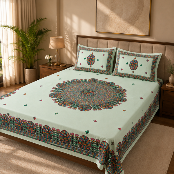 Luxury Madhubani Cotton Bedsheet with 2 Matching Pillow Covers