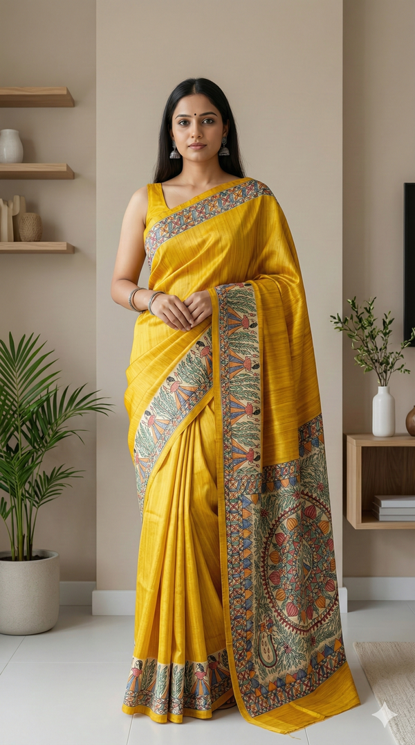 Hand-Painted Madhubani painting saree with dancing figure and floral mandala motifs