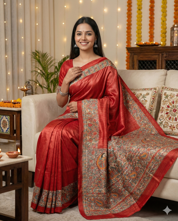 Hand-Painted Madhubani Saree with Mithila Vivaah and Floral Motifs