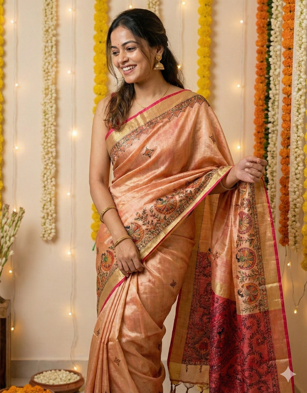 Hand-Painted Madhubani Saree with Central Figurative Motif and Floral Borders