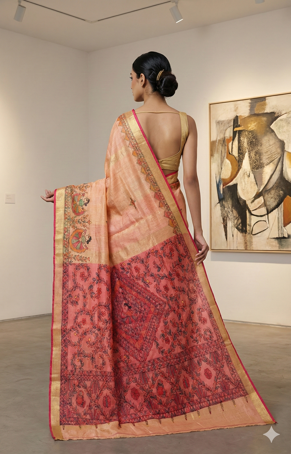 Hand-Painted Madhubani Saree with Central Figurative Motif and Floral Borders