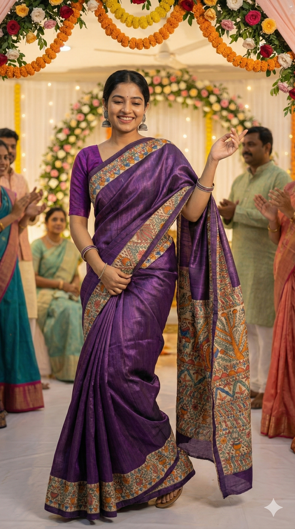 Hand-Painted Madhubani Saree with Tree of Life, Bird, and Floral Motifs