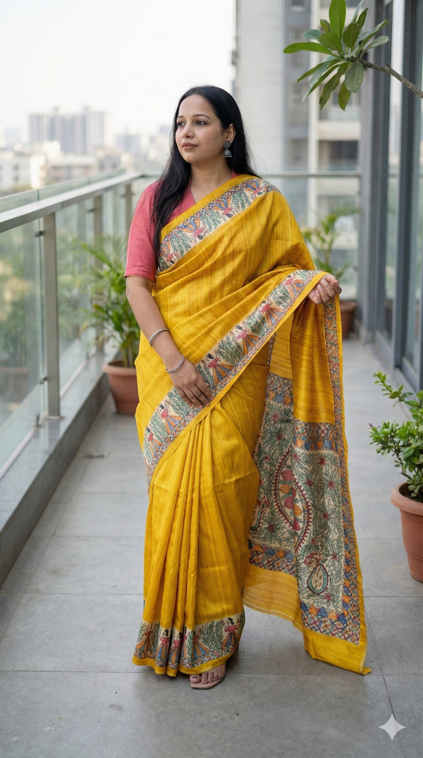 Hand-Painted Madhubani painting saree with dancing figure and floral mandala motifs