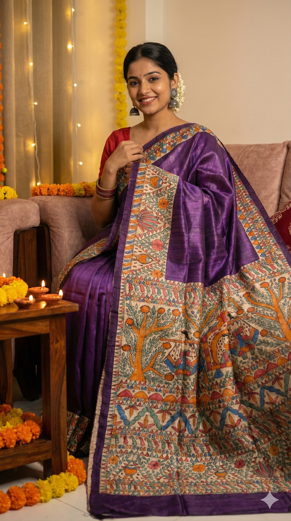 Hand-Painted Madhubani Saree with Tree of Life, Bird, and Floral Motifs
