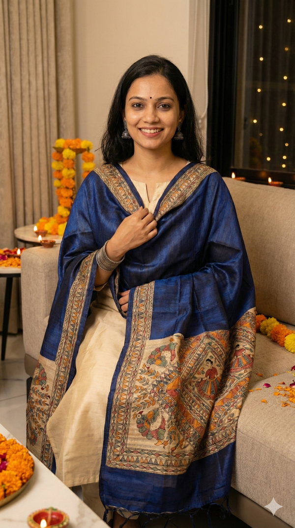 Hand-Painted Madhubani Women & Bird Motif Royal Blue Tussar Ghicha Silk Dupatta