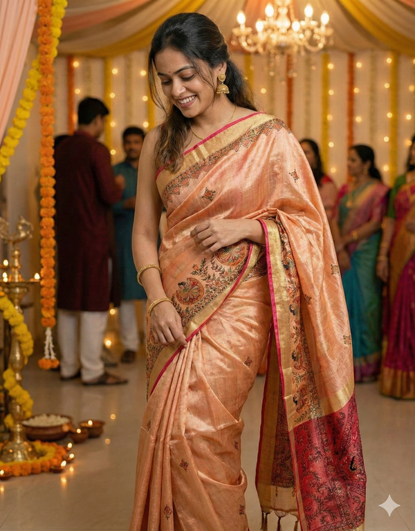 Hand-Painted Madhubani Saree with Central Figurative Motif and Floral Borders