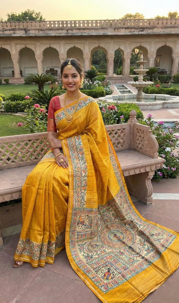Hand-Painted Madhubani Saree with Peacock, Floral, and Geometric Motifs