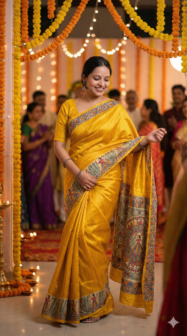 Hand-Painted Madhubani painting saree with dancing figure and floral mandala motifs