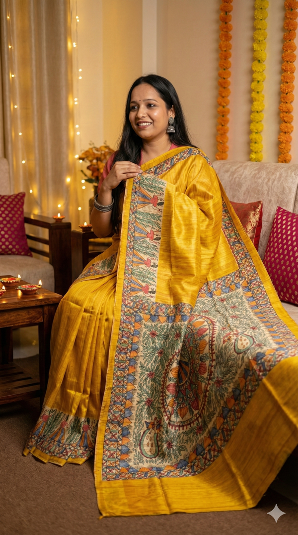 Hand-Painted Madhubani painting saree with dancing figure and floral mandala motifs