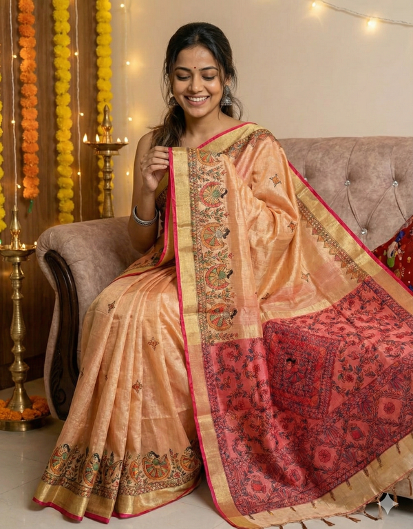 Hand-Painted Madhubani Saree with Central Figurative Motif and Floral Borders