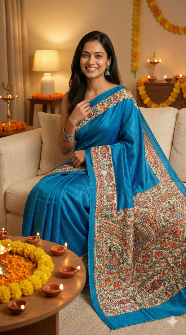 Hand-Painted Madhubani Saree with Mithila Vivaah, Fish, and Floral Motifs