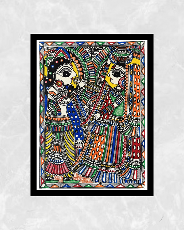 Radha Krishna playful Madhubani painting