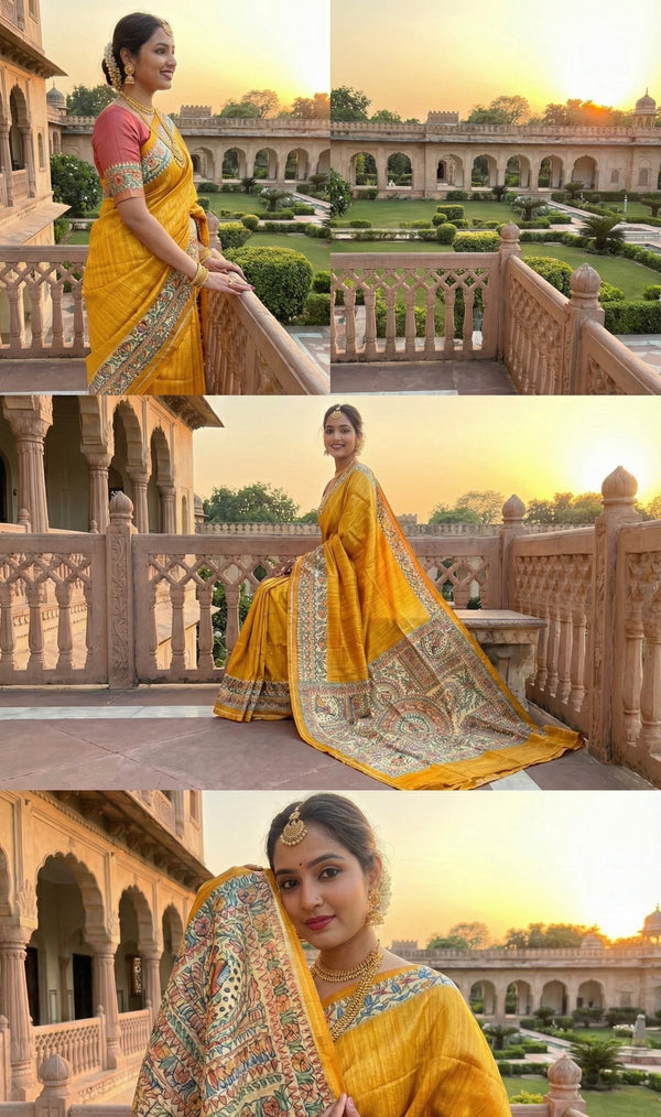 Hand-Painted Madhubani Saree with Peacock, Floral, and Geometric Motifs