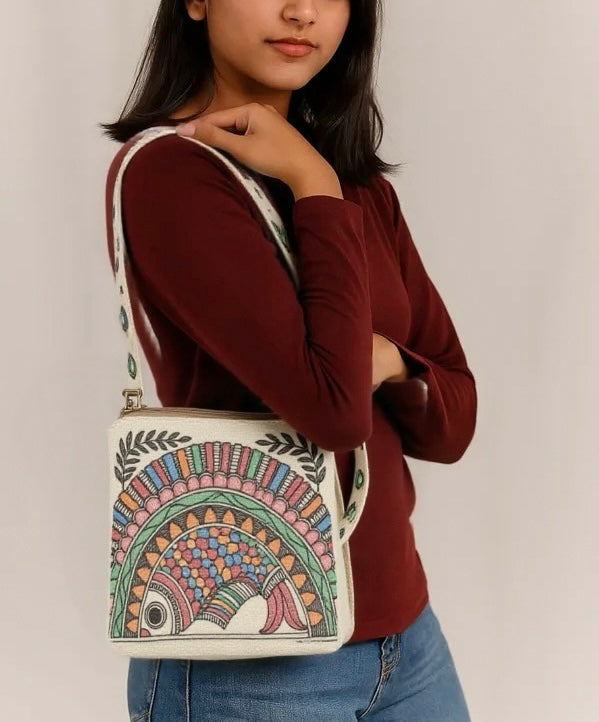 Madhubani Painted Handmade Cross-body Sling bag | Fish Design