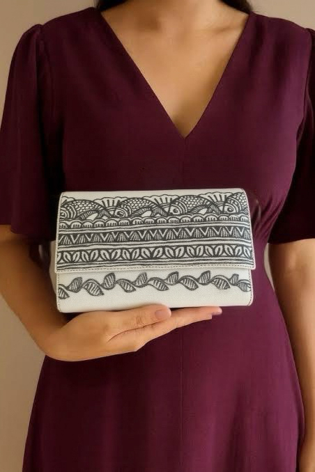 Madhubani Painted Handmade Monochrome Clutch Bag