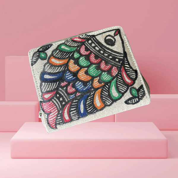 Madhubani Painted Handmade Wallet for Women (with Fish Motifs)