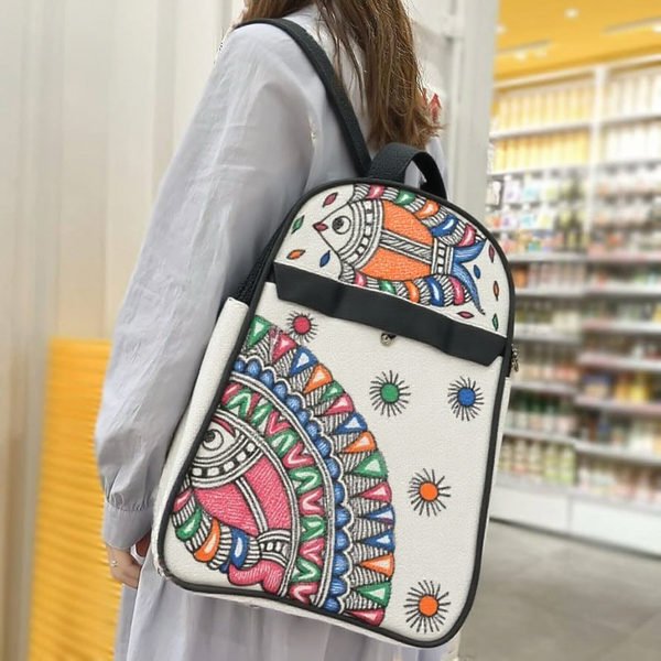 Madhubani Painted Handmade Backpack (with Fish Motifs)