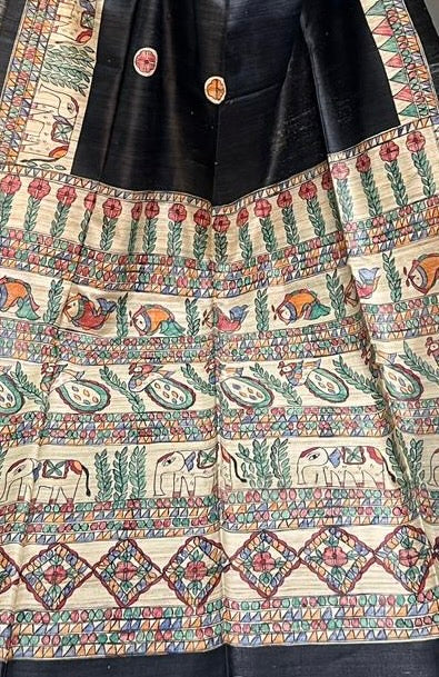 Hand-Painted Madhubani Saree with Elephant and Fish Motifs